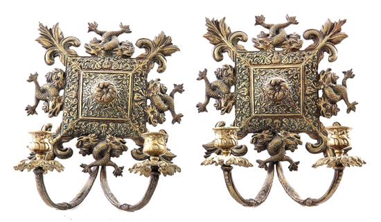 Pair English brass two-light sconces