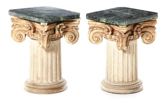 Near pair carved wood and marbletop