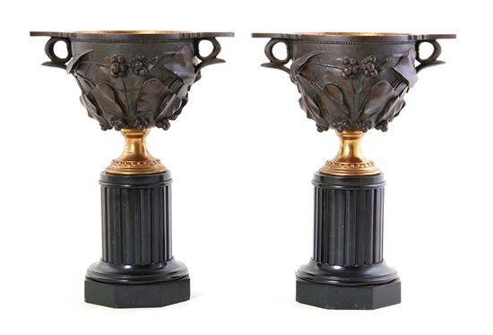 Pair French bronze and slate urns