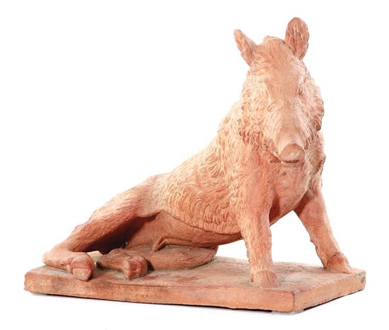 Terracotta boar recumbent on matching 1393b1