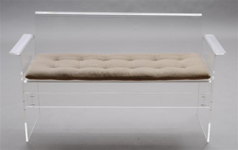 LUCITE SETTEE WITH MOHAIR CUSHION