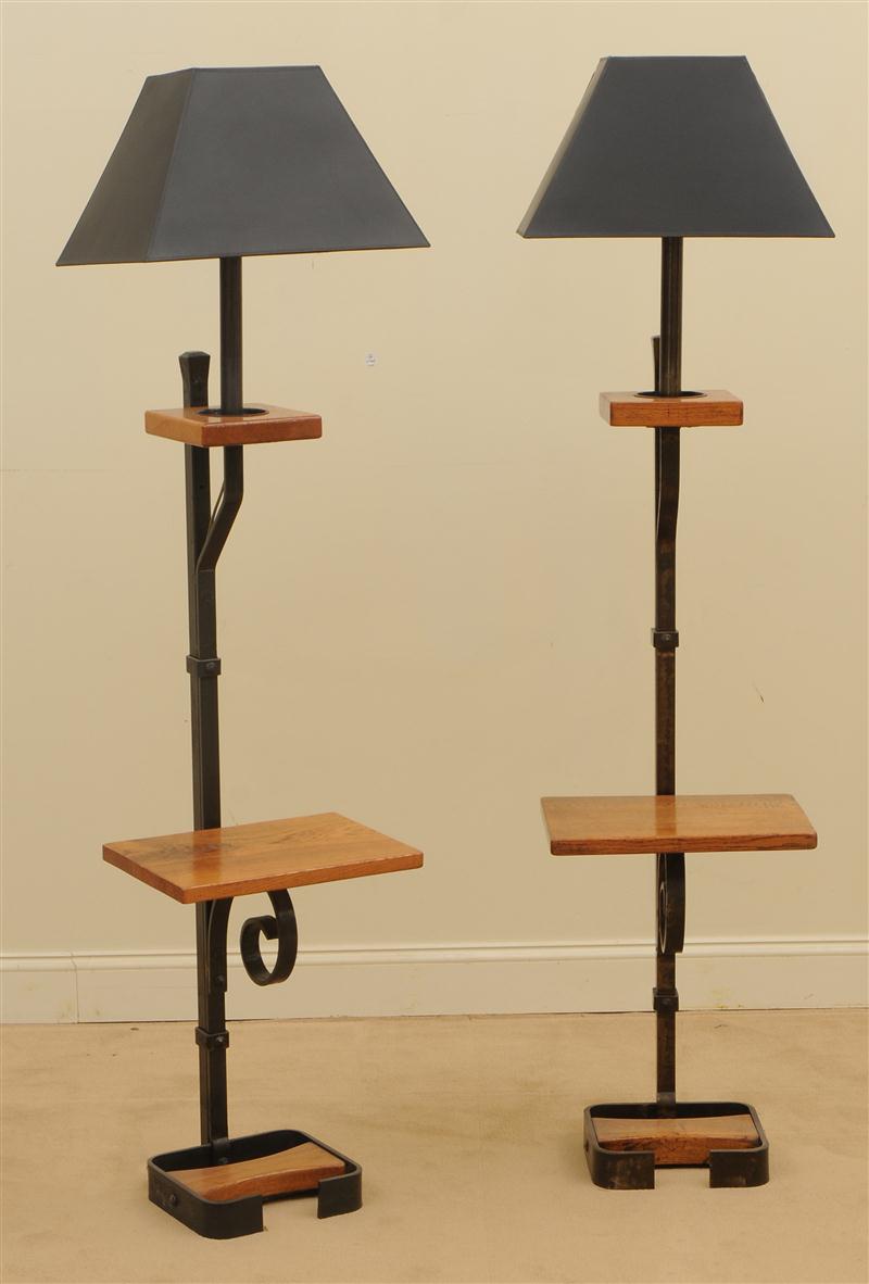PAIR OF WROUGHT IRON AND OAK LAMP