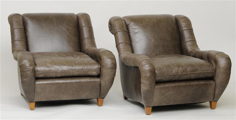 PAIR OF LEATHER UPHOLSTERED ARMCHAIRS
