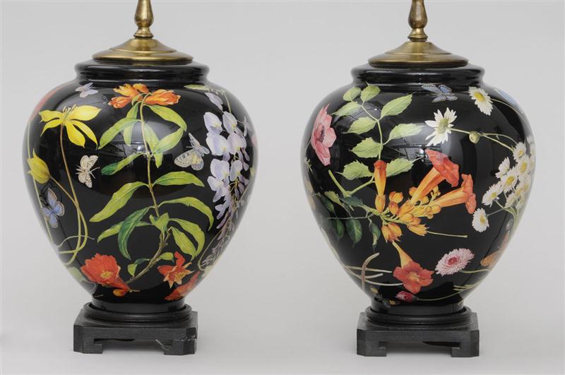 PAIR OF BLACK GROUND DECOUPAGE 13cc26