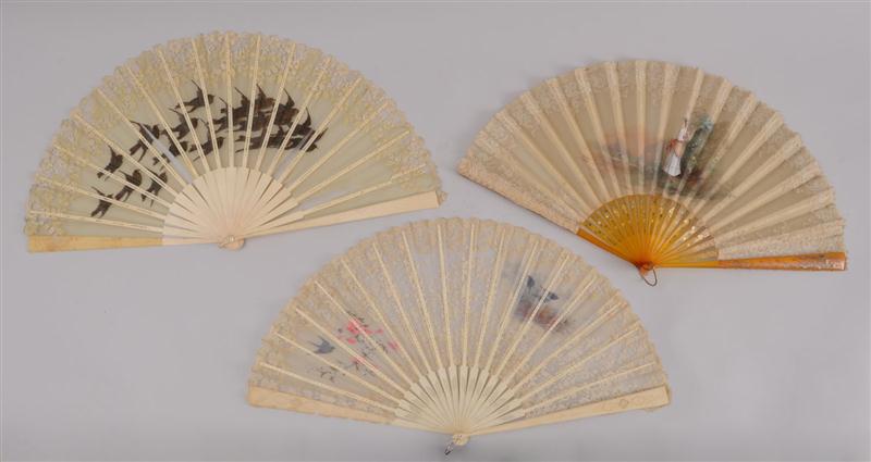 THREE UNFRAMED LACE-BORDERED FANS