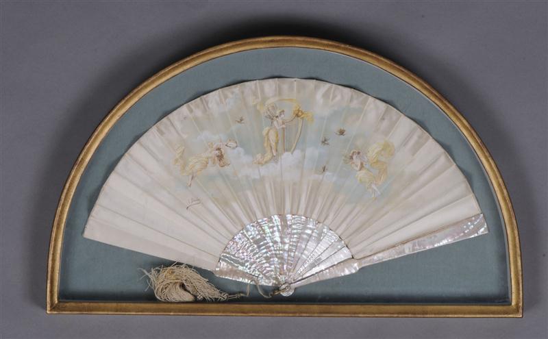 FRENCH WATERCOLOR ON SILK FAN Signed