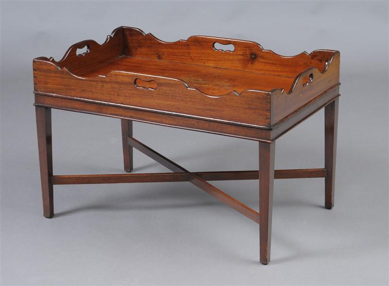 GEORGE III MAHOGANY TRAY ON LATER 13ccec