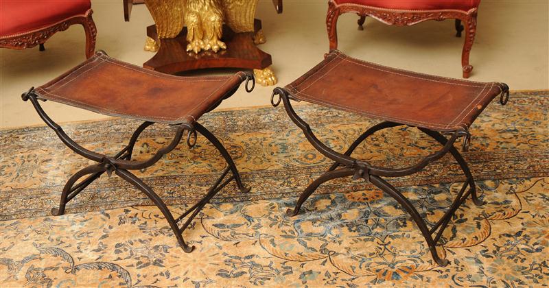 PAIR OF WROUGHT-IRON AND LEATHER