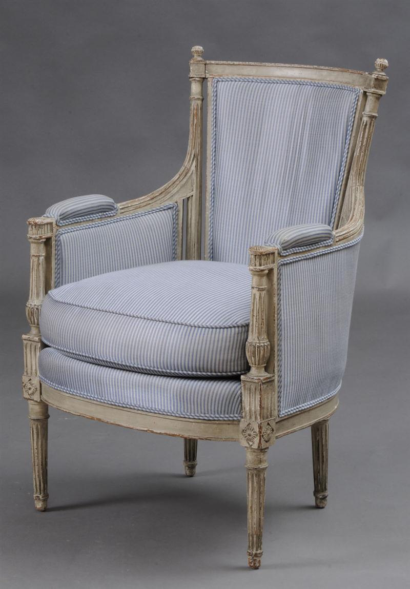 LOUIS XVI STYLE CARVED AND GRAY-PAINTED