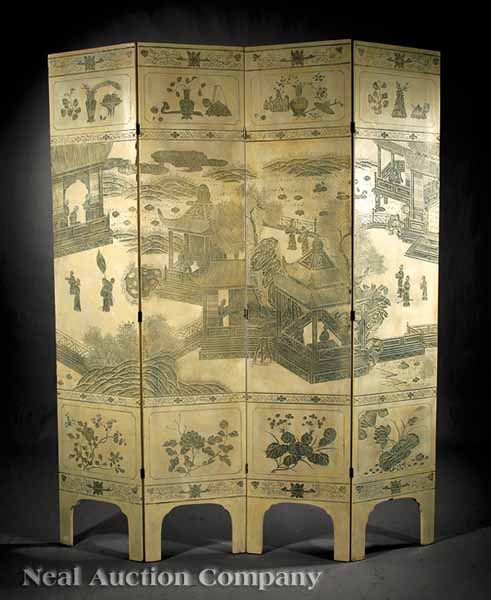 A Chinese Carved and Painted Four Panel 13d3f9
