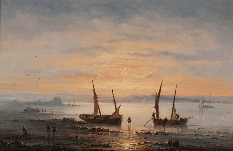 Fishermen returning home at sunset oil
