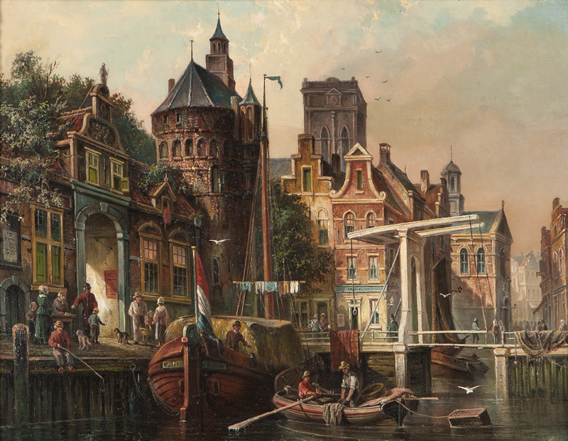 Amsterdam view with figures canal 13b2ec