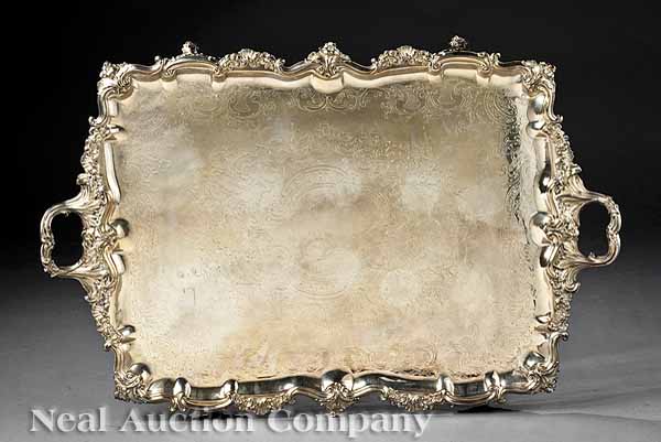 A Large Silverplate Tea Tray with scroll