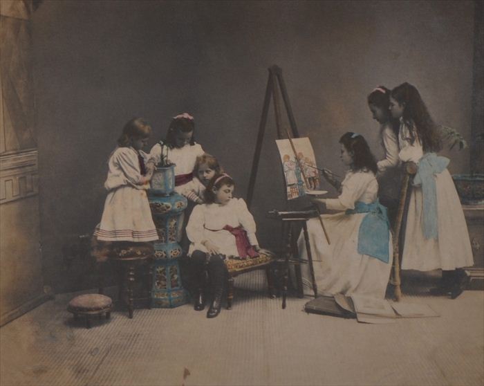 19TH C. SCHOOL: GIRLS PAINTING Hand-colored