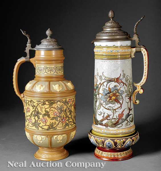 Two Mettlach Polychrome and Pewter Lidded