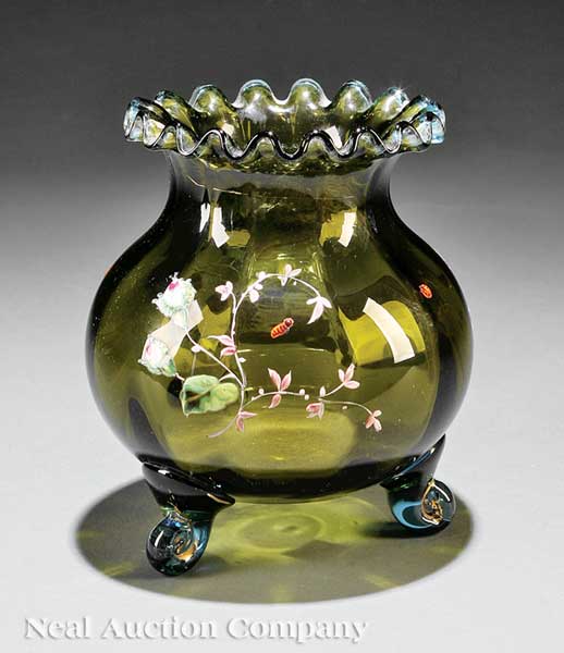 A Moser Enameled Green Glass Vase
