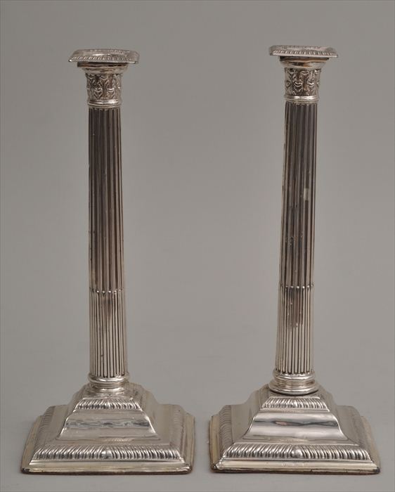 PAIR OF ENGLISH SILVER-PLATED COLUMN-FORM