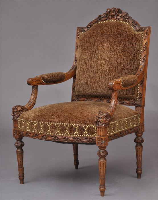 LOUIS XVI-STYLE CARVED WALNUT FAUTEUIL