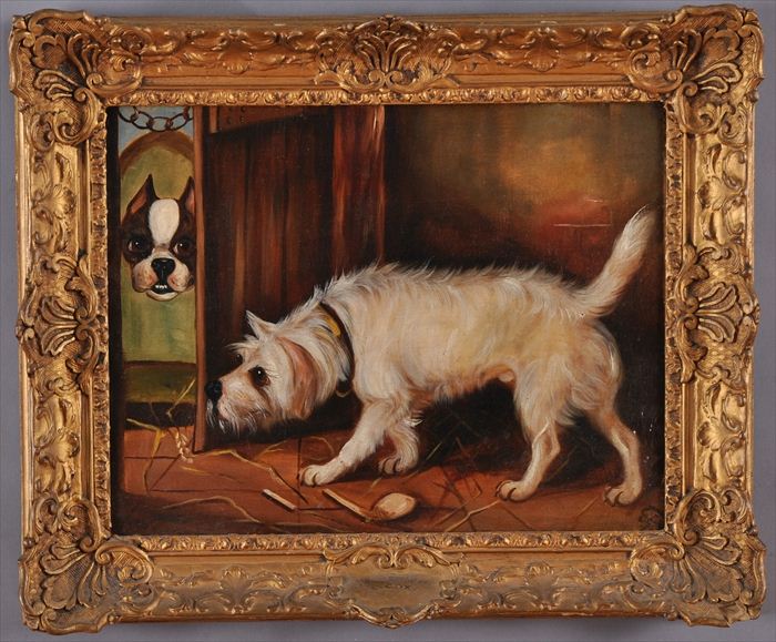 ENGLISH SCHOOL: TWO TERRIERS Oil on