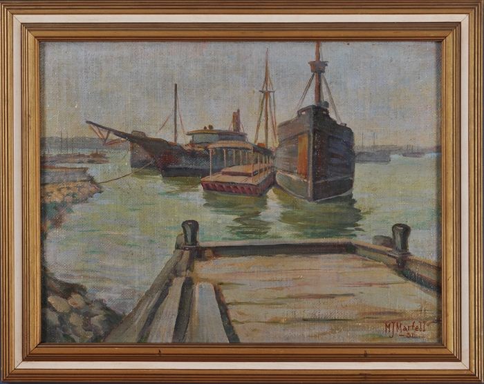 M.J. MARTELL: BOATS AT THE MARINA Oil