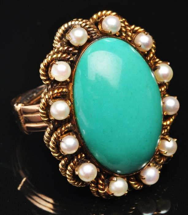 GOLD TURQUOISE AND PEARL RING Unmarked