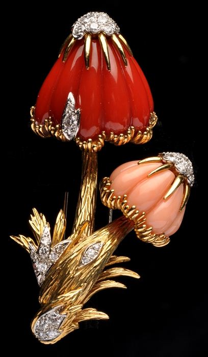 FLUTED CORAL AND DIAMOND FLOWER BROOCH