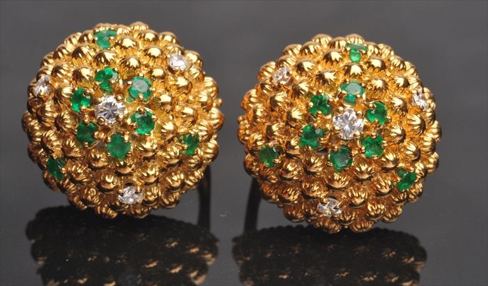 PAIR OF GOLD EMERALD AND DIAMOND EARRINGS