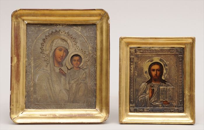 TWO RUSSIAN ICONS WITH BRASS OKLADS 13f193