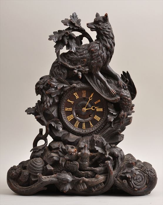 BLACK FOREST CARVED WALNUT MANTEL CLOCK