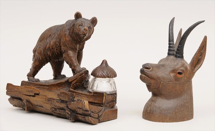 TWO BLACK FOREST CARVED WOOD INKWELLS