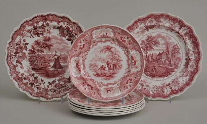 PAIR OF STAFFORDSHIRE PINK TRANSFER-PRINTED