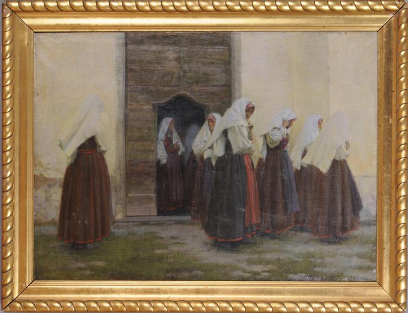 FRENCH SCHOOL: CONVENT WITH NUNS Oil