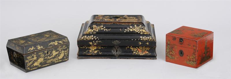 REGENCY BLACK LACQUER SEWING BOX AND