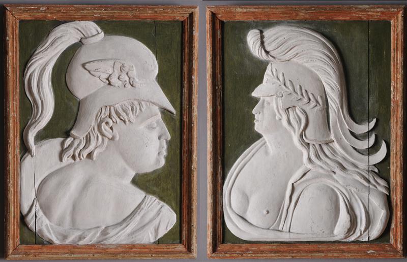 TWO ROMAN CARVED AND PAINTED WOOD