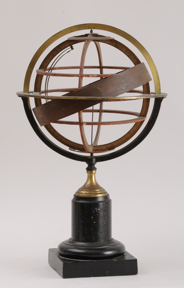 FRENCH BRASS IRON AND WOOD ARMILLARY