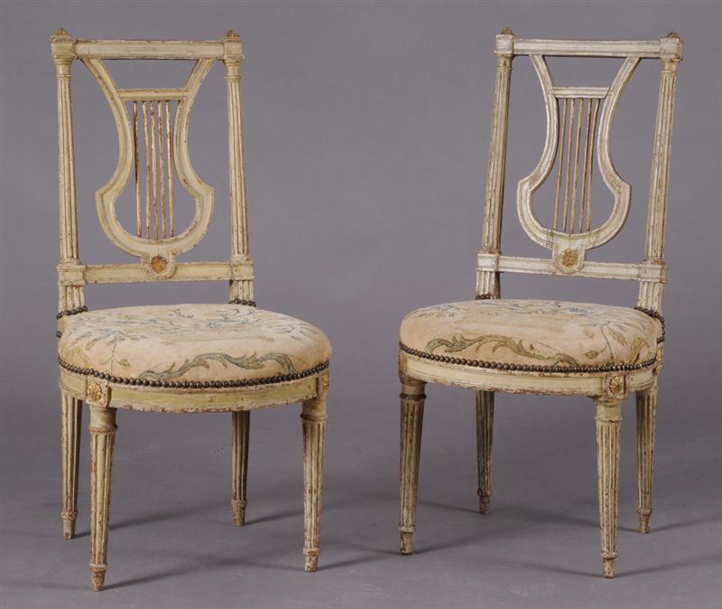 PAIR OF LOUIS XVI PAINTED AND PARCEL-GILT