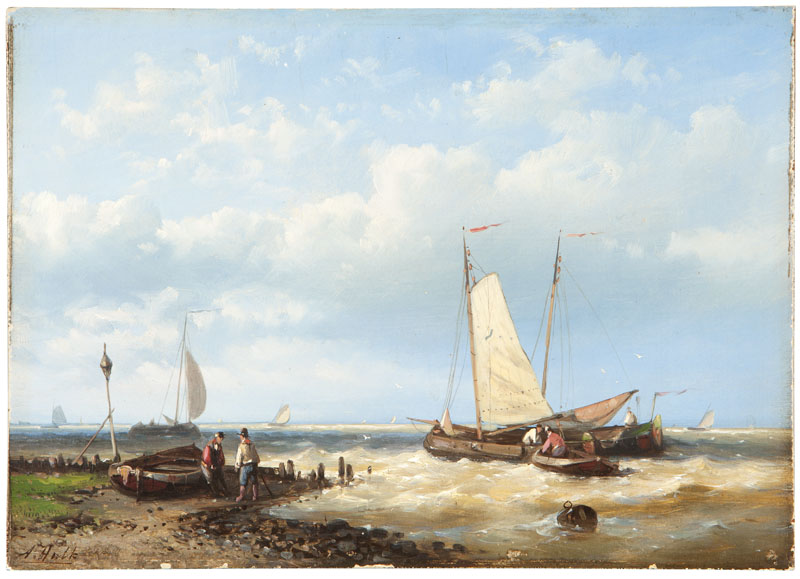 Figures on a Shore with Sailboats. 7