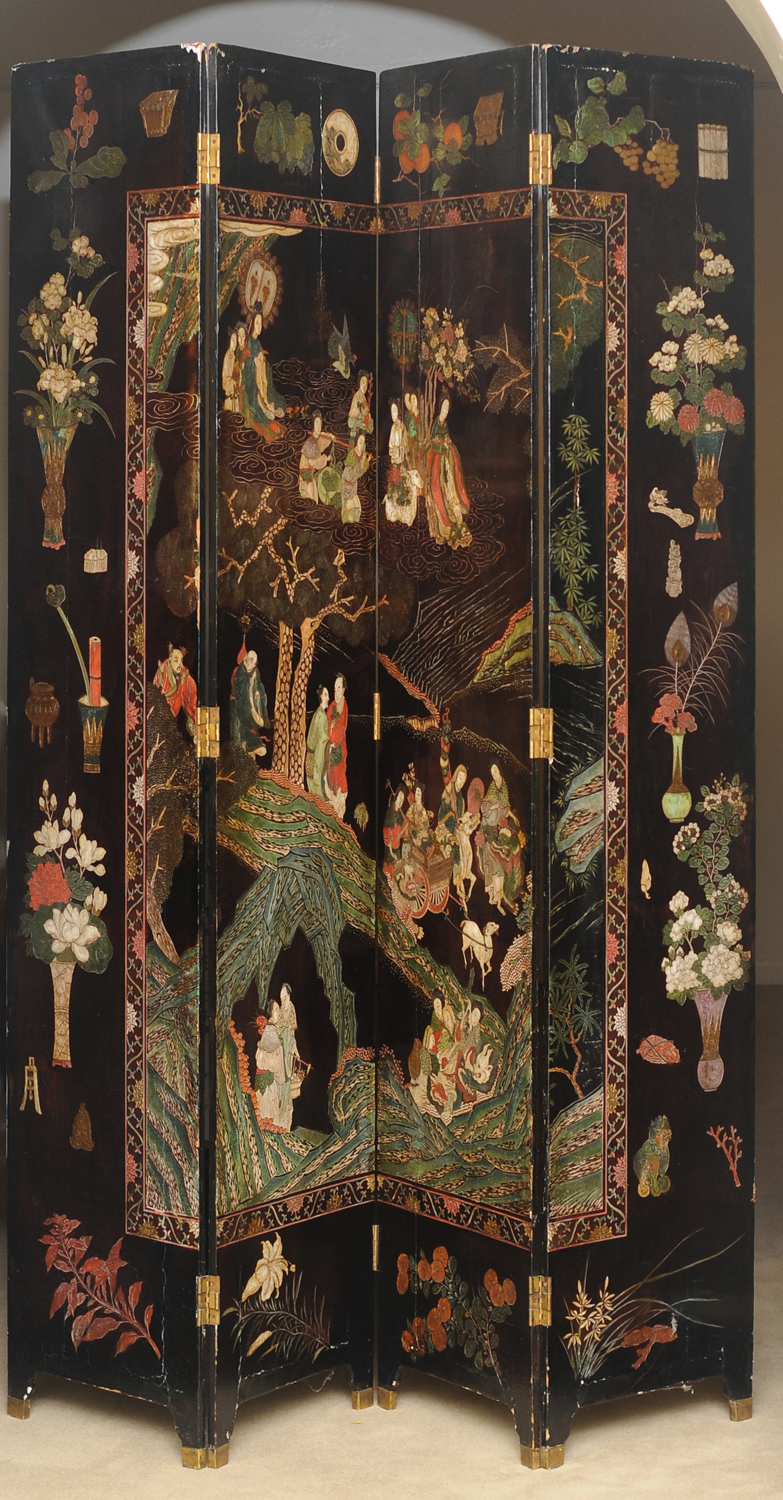 CHINESE BLACK COROMANDEL LACQUER FOUR-PANEL