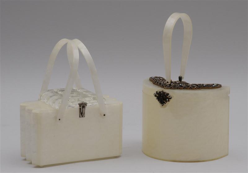 TWO METAL-MOUNTED LUCITE HAND BAGS