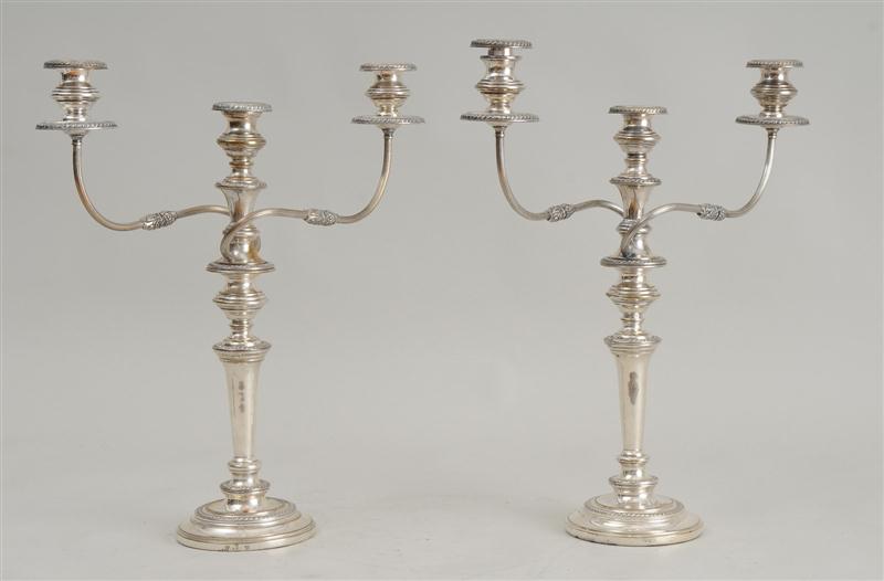 PAIR OF ENGLISH SILVER-PLATED THREE-LIGHT