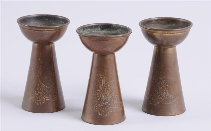 THREE COPPER CANDLE HOLDERS Each 140dee