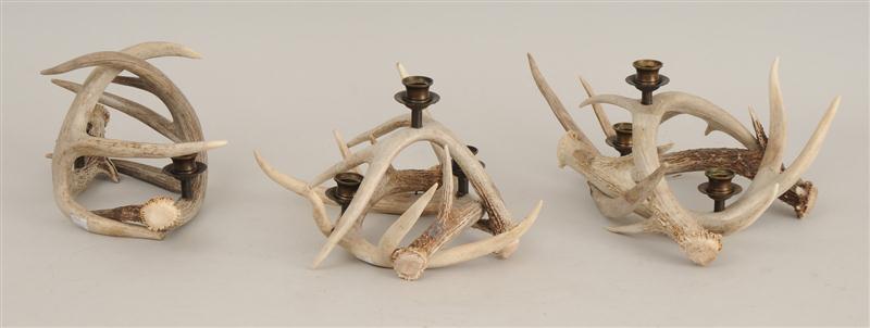 THREE BRASS MOUNTED ANTLER CANDELABRA 140def