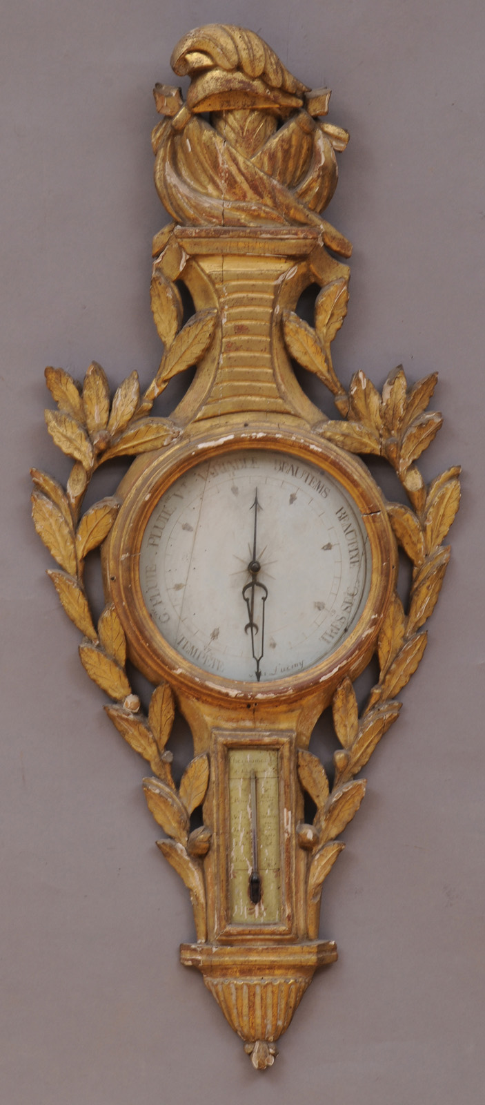 LOUIS XVI CARVED GILTWOOD BAROMETER/THERMOMETER