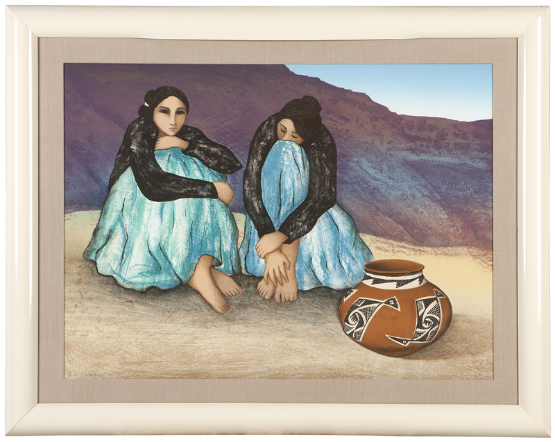 Women in a Southwest setting with Acoma
