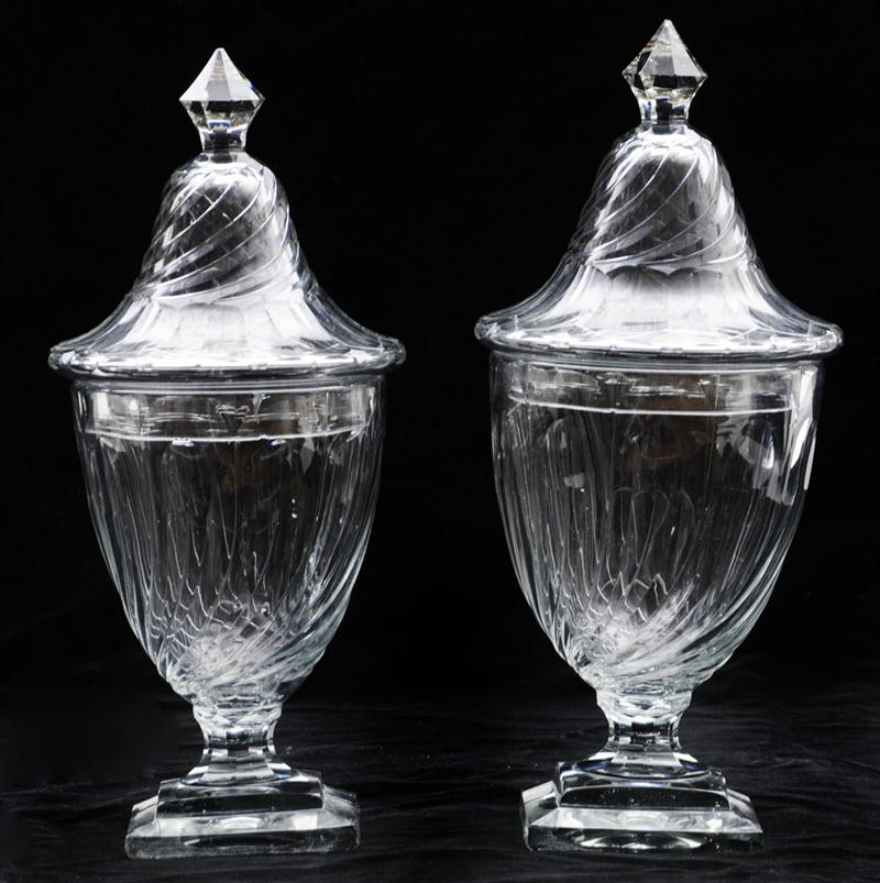 PAIR OF CUT GLASS URNS AND COVERS 1410dc