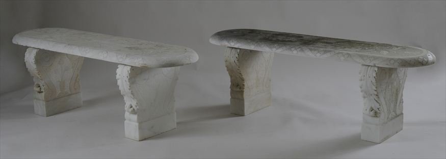 PAIR OF CARVED STONE GARDEN BENCHES