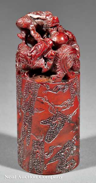 A Chinese Red Soapstone Seal cylindrical