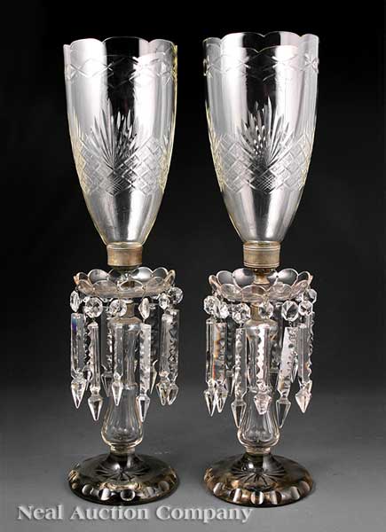 A Pair of English Cut Glass Prism-Hung