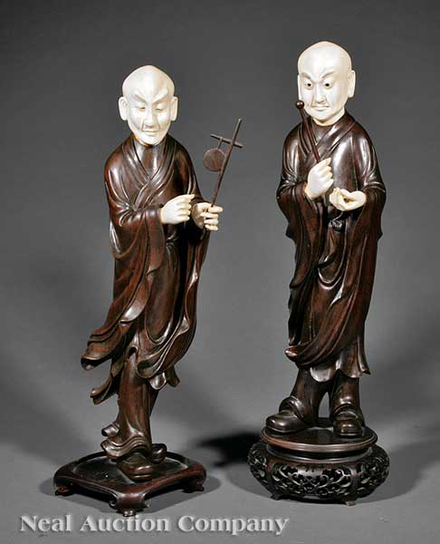Two Japanese Carved Wood and Ivory Figures
