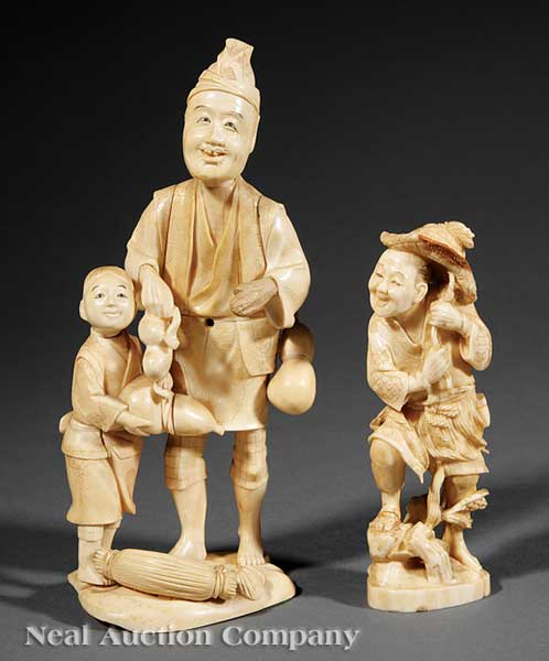 Two Japanese Carved Ivory Okimono Groups